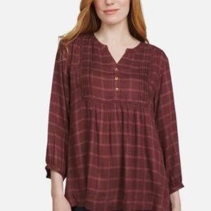 Notations Burgundy Plaid Pintucked ¾ Sleeve Blouse Size L